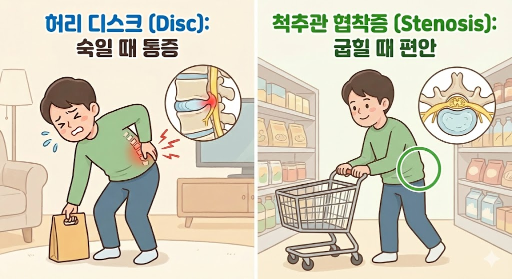 허리디스크와 척추관협착증 증상 차이, 허리 숙일 때 통증 변화 비교